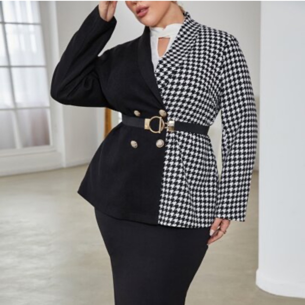 Elegant Black and White Houndstooth Midi Coat